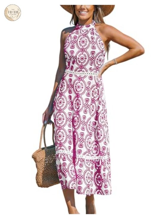 Dresses & Skirts - Halter Neck Boho Midi Dress Sleeveless Floral Cutout Waist Flowy Beach Vacation